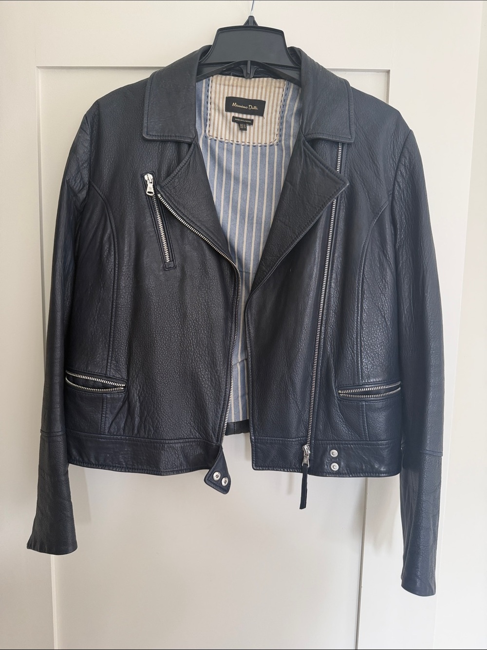 Massimo Dutti Dark Navy Leather Moto Jacket